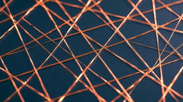 Close-up of a dark blue background with a pattern of orange lines intersecting each other in a diamond shape. the lines are arranged in a diagonal line, creating a sense of depth and dimension.