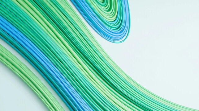 Abstract digital art piece with a white background. it features a series of curved lines in different colors - green, blue, and light blue.