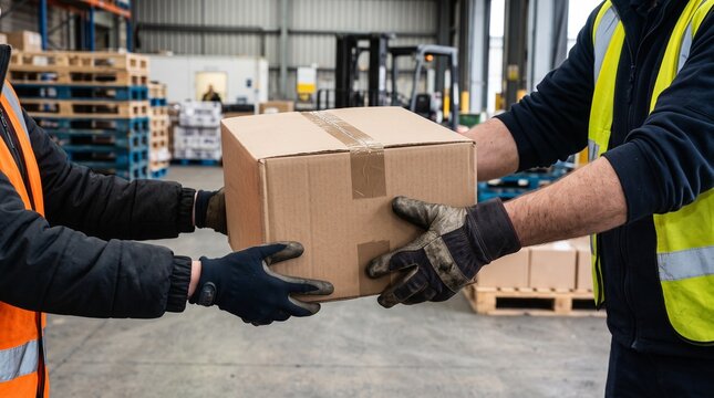 Close handoff of a shipping carton between warehouse team members