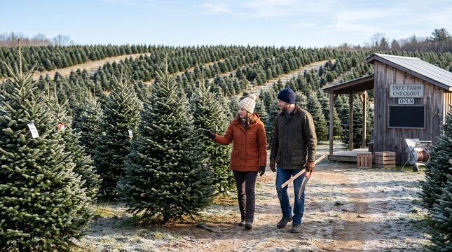 Couple compares fresh evergreens along rows at a local tree farm