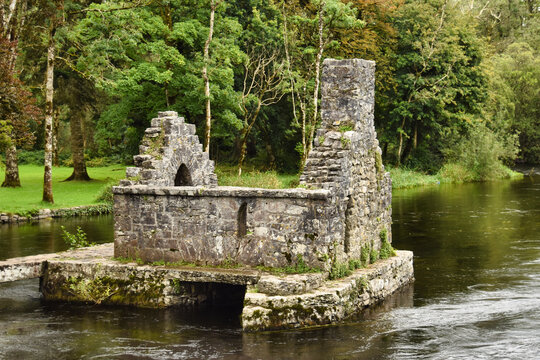 Ancient stone Monks Fishing House on the River Cong near Cong Abbey Mayo Ireland