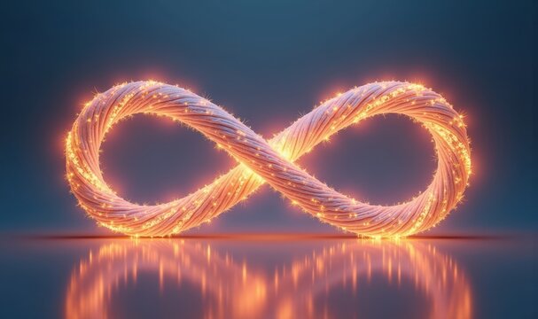 Braided glowing infinity loop mirrored on a dark floor, wide banner: resilience programmes, risk continuity, strength messaging, corporate values slides