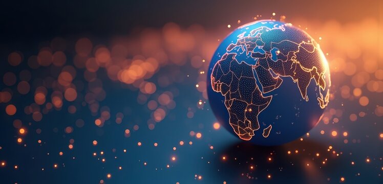Globe glowing over a field of amber bokeh lights, wide banner: internet services, global reach pages, online economy articles, technology news headers