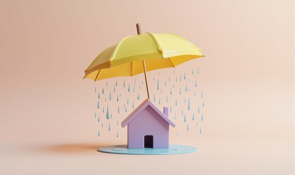 Lilac house under a yellow umbrella with drawn raindrops on soft pink, wide banner: friendly insurance brands, family cover pages, kids policy explainers, gentle campaigns