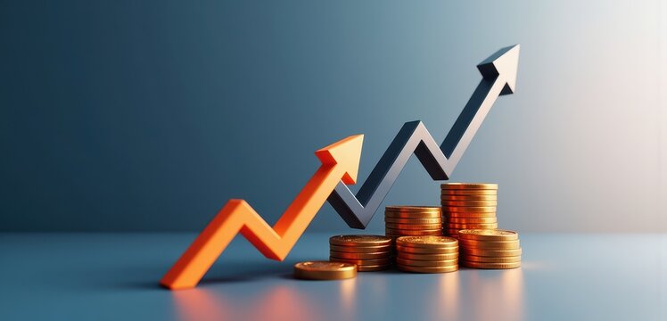 Orange navy arrows crossing above coin stacks on blue, wide banner: trading platforms, brokerage apps, currency exchange, market volatility explainers