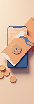 Phone resting on an orange envelope with scattered coins, vertical story: money transfers, remittance services, bill payments, invoice reminder screens