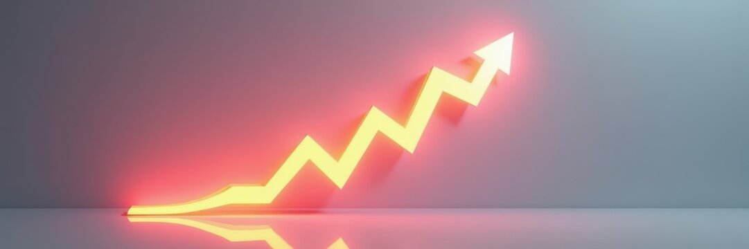 Yellow zigzag arrow lifting off a grey floor, panoramic header: recovery plans, turnaround stories, rebound campaigns, business news site headers