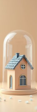 Tiny house under a glass dome on a warm peach field, wide empty space above, tall banner: insurance policy pages, mobile stories, app onboarding, savings plan promos