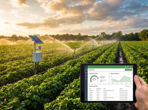 Agronomist monitors smart irrigation system analytics on tablet in precision farming field