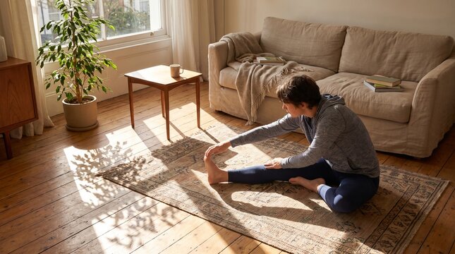 Gentle morning floor stretch in a sunlit apartment living room