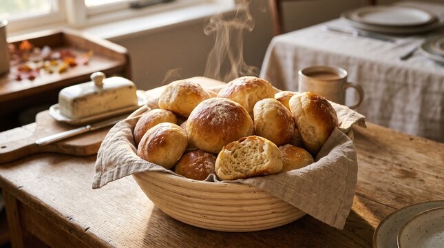 Warm freshly baked bread rolls in a rustic kitchen setting  