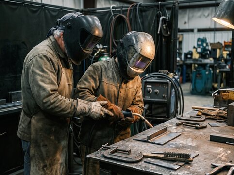 Welding apprentice hand guidance with senior welder in industrial training bay
