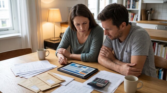 Healthcare portal confusion for couple reviewing tablet at dining table