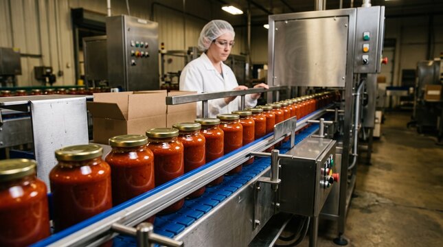 Capped pasta sauce jars move toward the packing station