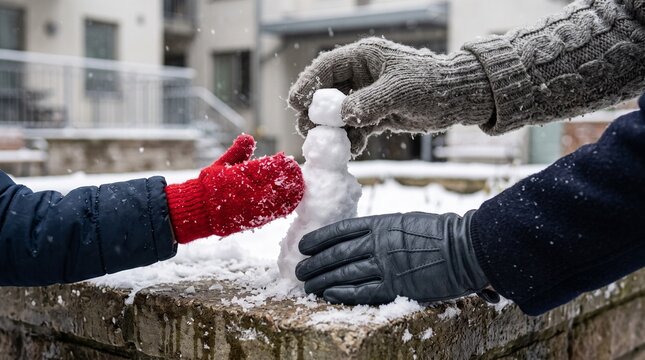 Mittened hands shape the first tiny snow figure together