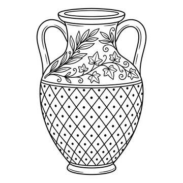Classic greek style amphora vase with decorative leaf patterns and diamond texture line art illustration