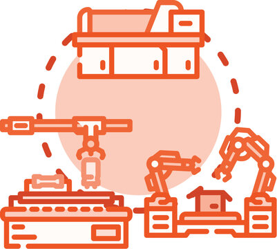 Factory machines are producing and processing items on a conveyor belt, with a computer screen displaying circuit board designs and data upload, depicting an industrial reverse engineering process
