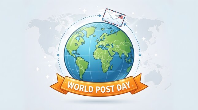  World Post Day illustration with colorful Earth globe, orbiting envelope, and October 9 celebration banner