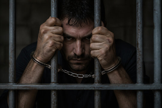 A man with a stern expression is shown behind vertical metal bars, suggesting imprisonment.