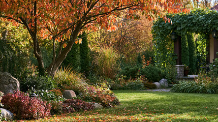 Naklejka premium Beautiful backyard garden featuring lush green lawn and vibrant autumn foliage on trees and shrubs, with a cozy patio in the background