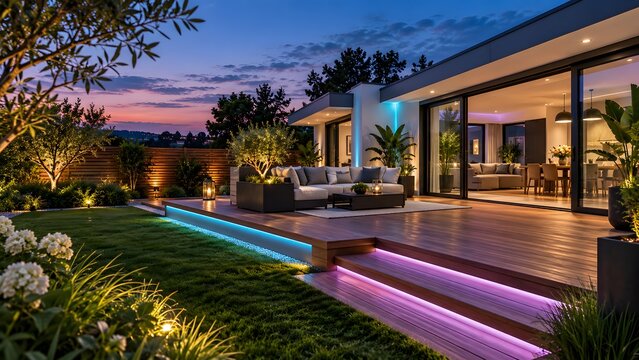 Modern house exterior with wooden deck and illuminated patio at dusk. Suitable for luxury real estate advertising and landscaping design background.
