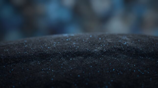 Dark fabric surface with glowing blue glitter particles and bokeh lights creating a magical luxury textured background.