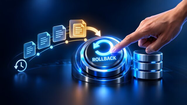 Hand pressing a glowing blue rollback button with digital documents and database. Concept of data recovery, system backup and business continuity.