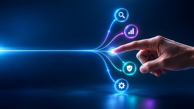 Human hand touching glowing digital node with branching neon connection lines and technology icons. Concept of digital transformation, workflow automation and enterprise artificial intelligence.