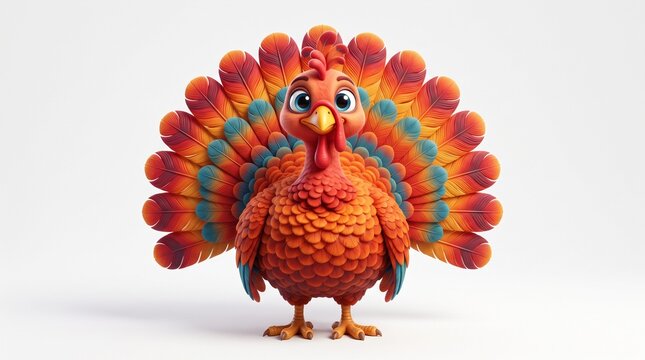 3D cartoon turkey illustration with a cute and joyful appearance, perfect for Thanksgiving, set on a white backdrop