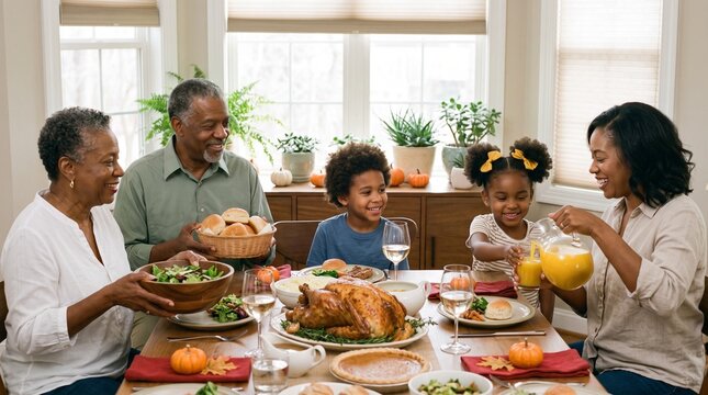 African american grandparents holding food near family and thanksgiving dinner
