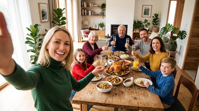 Photo of big family sit feast dishes table around roasted turkey multi-generation relatives making group selfies raising wine glasses juice in living room indoors