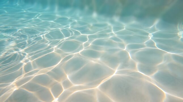 Sunlight caustic patterns shimmering on the clear sandy bottom of a swimming