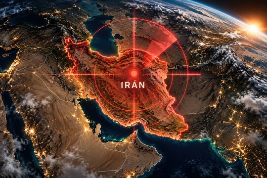 Iran marked as a strategic target on a satellite map with a red radar overlay; concept of geopolitical conflict, military threat, surveillance, and tension in the Middle East.