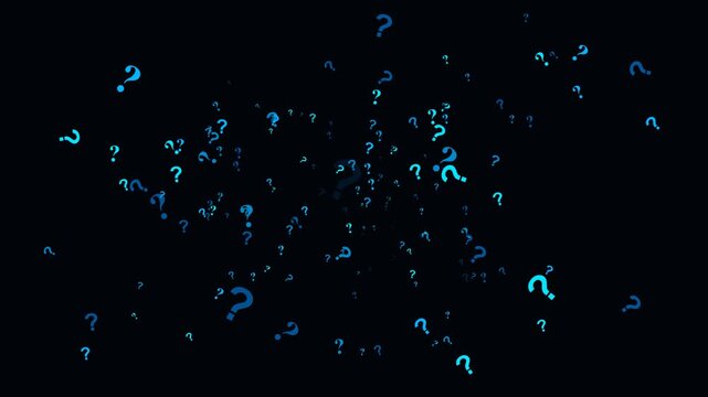 4k glowing cyber blue question marks flying forward deep space tech mystery motion video