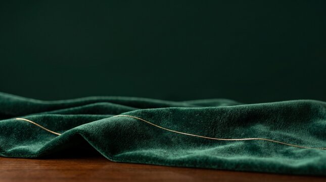 Folded emerald green velvet fabric texture with dark background and copy space