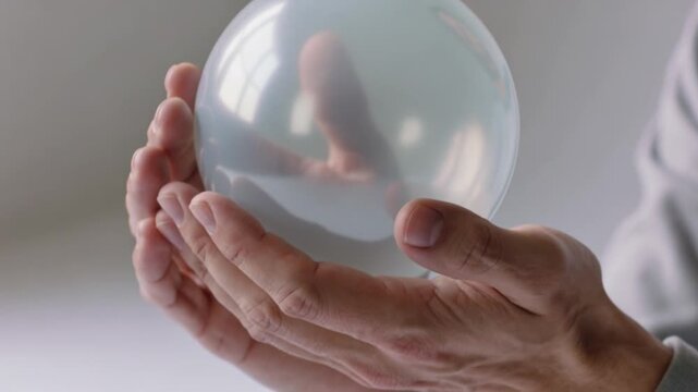 Close-up of hands cradling a translucent frosted glass sphere, soft window light reflections, blurred neutral gray background, calm mystical mood.