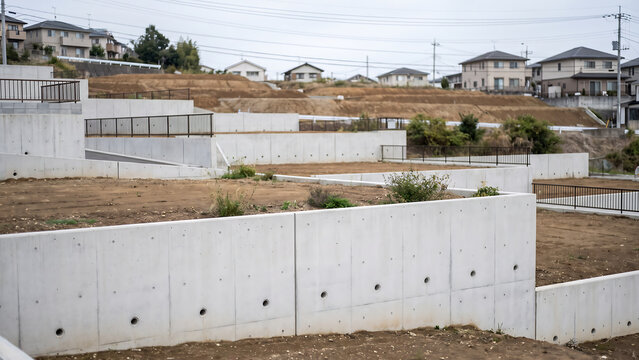 段差のある造成地で水抜き穴を備えたコンクリート擁壁と戸建て住宅を広く捉えた開発風景