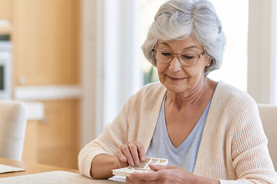 senior caucasian woman holding pill dispenser, daily medicine, copy space