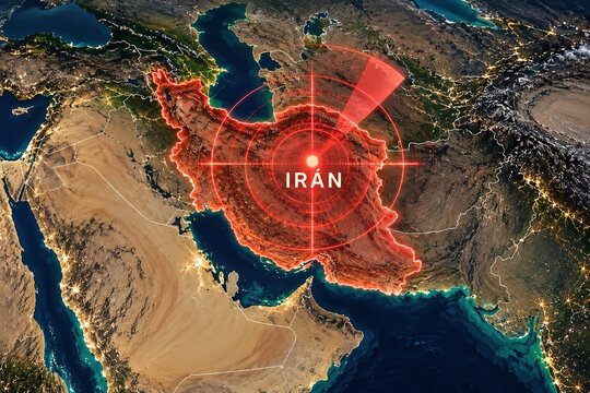 Iran in the crosshairs&mdash;a strategic target on a satellite map overlaid with a red radar display&mdash;representing geopolitical conflict, military threat, surveillance, and tension in the Middle East.
