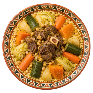 Moroccan Beef Couscous with Vegetables in a Traditional Bowl top with transparent background 