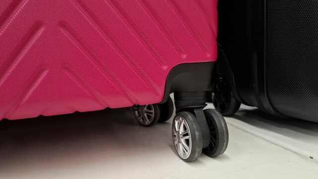 Red hard shell suitcase standing on wheels in a public space. Travel accessory, mobility concept, vacation planning, modern luggage, journey preparation.