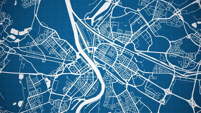 Ink reveal animation of Mannheim (Mannem, Monnem) city, state of Baden-W&uuml;rttemberg, Germany, grid map. Aerial top view. Blueprint style. White lines with blue background. 4K Seamless loop.