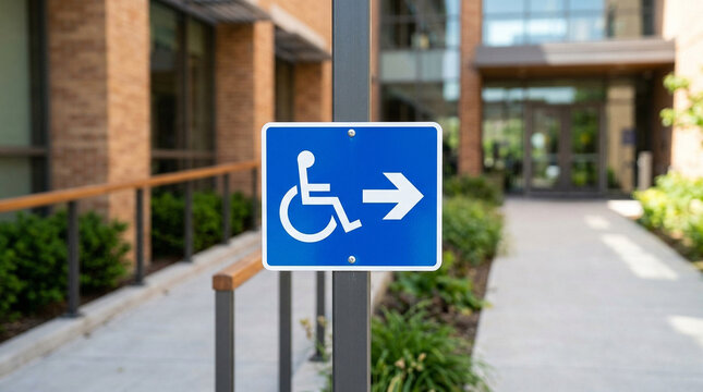 Blue Handicap Accessibility Sign with Right Arrow Outside Building