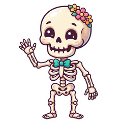 Obraz premium Cute smiling skeleton character waving hello with flowers and a bow tie