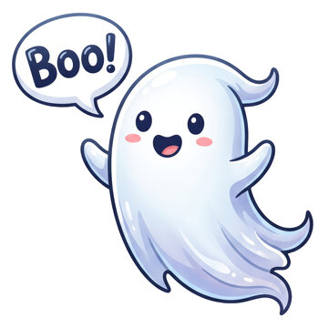 Cute cartoon ghost floating with a speech bubble saying boo