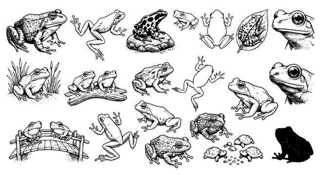 Vector set of frog illustrations line art sketch collection featuring various amphibians toads jumping sitting and portraits isolated on white background concept.