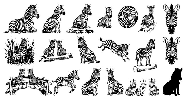 Vector set of zebra illustrations line art sketch collection featuring African wild zebras foals running sitting and portraits isolated on white background concept.