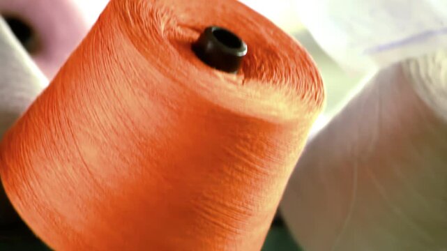 Orange green yarn cones textile factory. Close up thread spools production line.