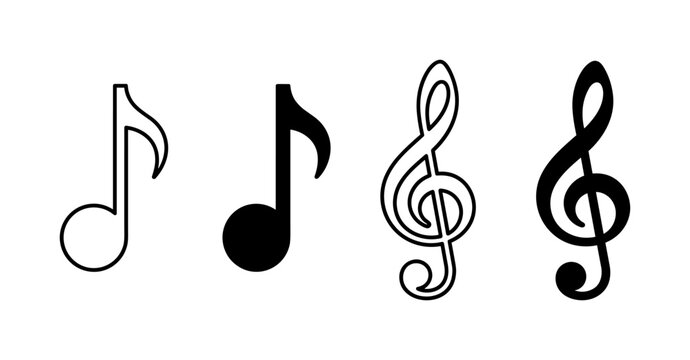 Musical note and treble clef vector icons in black and outline styles