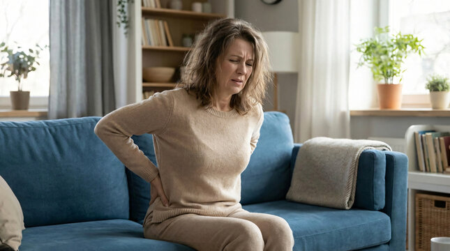 Lifestyle Stock Photo Illustrating Backache Posture Problem Middle Aged Woman Sits Blue Sofa Living Room Pressing Hand Against Lower Back Pain Beige Top Trousers Authentic Emotion Textless